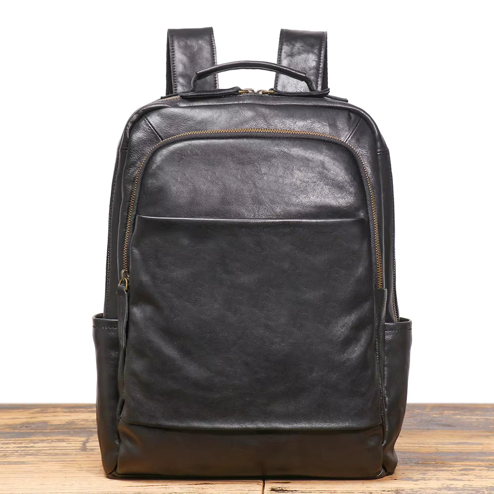 Mochila de Couro Com Alça Arqueada e Bolsos Extras Para Notebook Axton