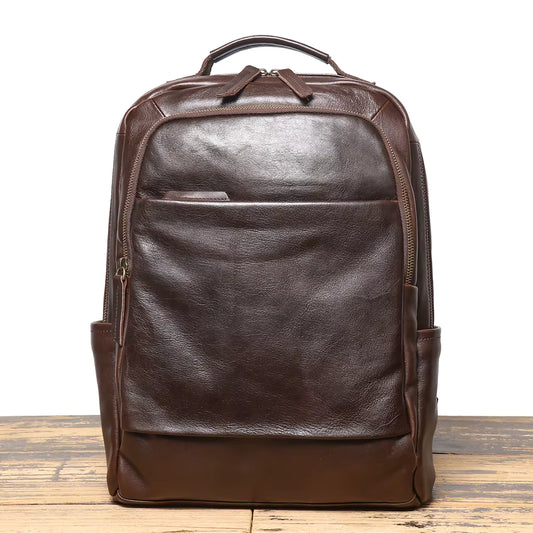 Mochila de Couro Com Alça Arqueada e Bolsos Extras Para Notebook Axton